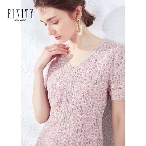 FINITY菲妮迪女装夏季小个子V领法式雪纺裙显瘦粉色碎花连衣裙女