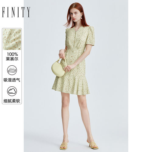 FINITY菲妮迪品牌连衣裙2024夏季 高级感碎花气质收腰V领裙子女