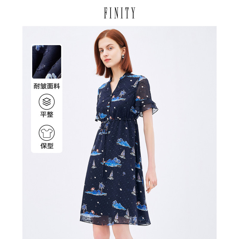 FINITY菲妮迪藏青色连衣裙夏季气质印花收腰显瘦休闲减龄裙子女