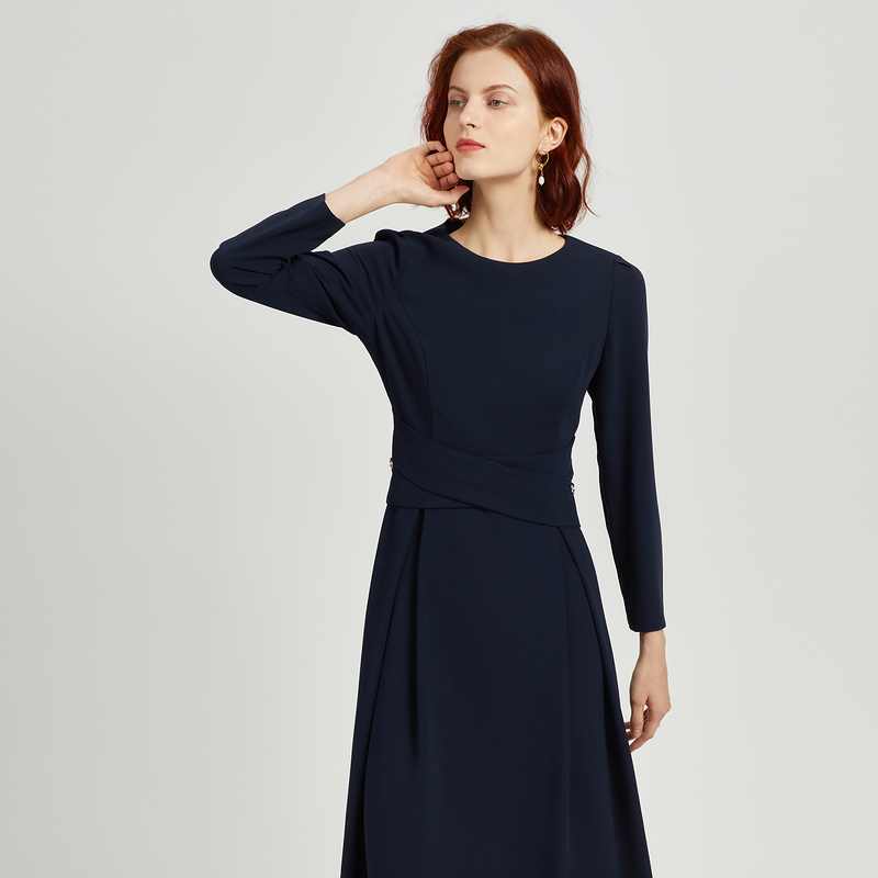 FINITY冬季连衣裙女纯色收腰休闲法式复古温柔中长款裙子