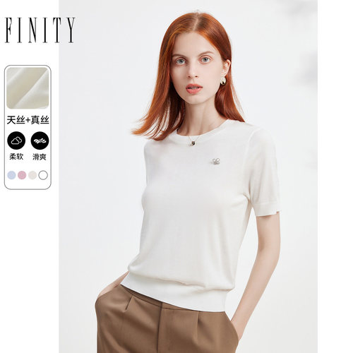 FINITY菲妮迪品牌短袖针织衫夏季简约气质白色圆领休闲上衣女
