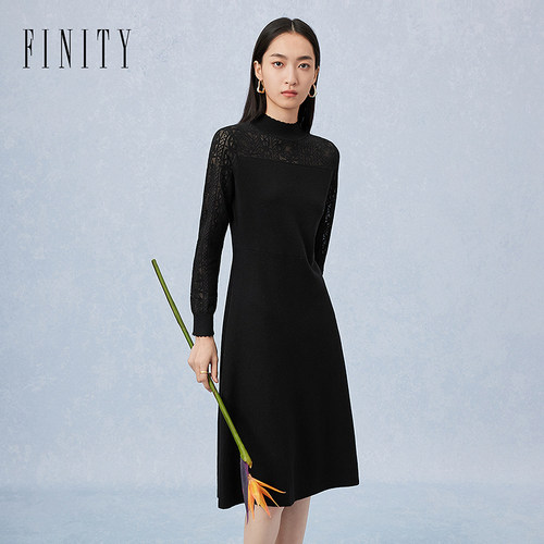 商场同款FINITY女装2024年秋季新品半高领蕾丝拼接羊毛长袖连衣裙