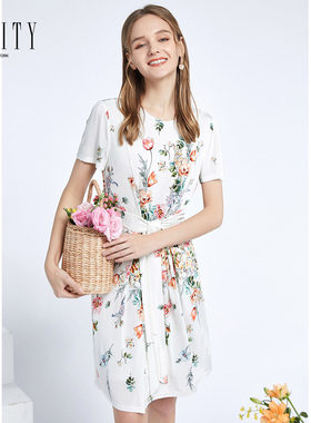 FINITY菲妮迪商场同款春夏白色系带收腰显瘦花卉印花雪纺连衣裙