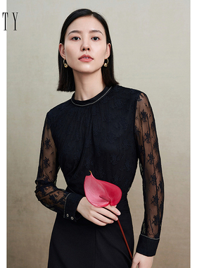 菲妮迪品牌雪纺衫2024年秋季黑色简约设计感时尚气质套头上衣