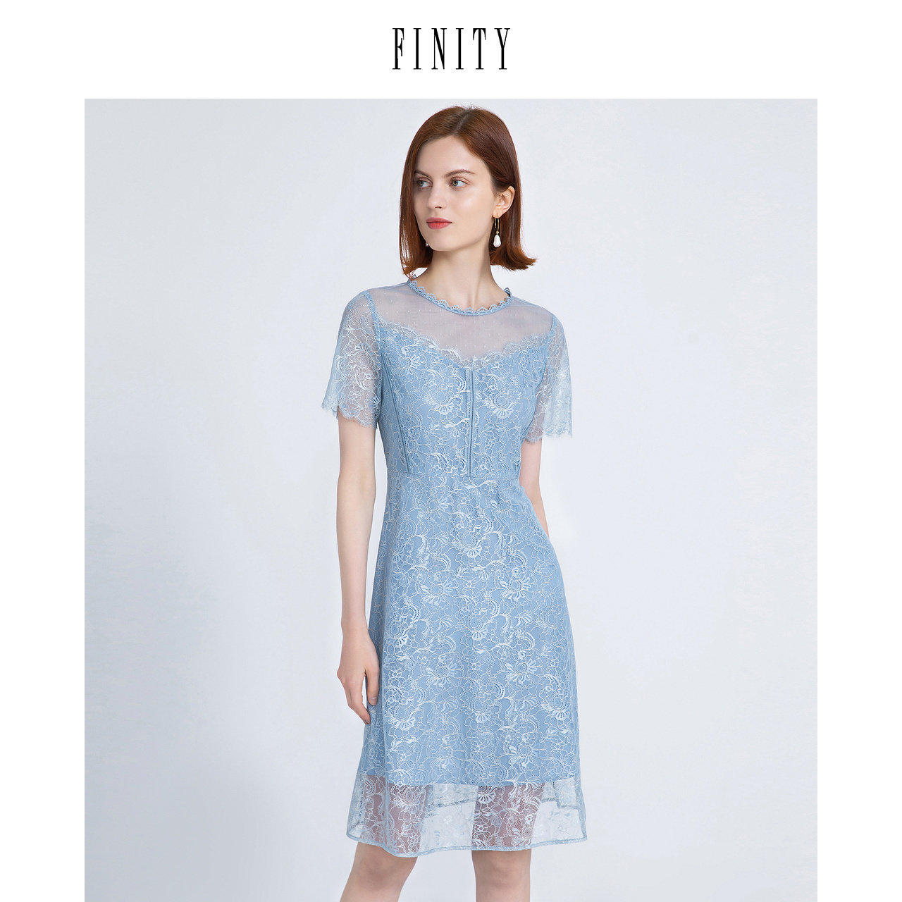 FINITY菲妮迪夏装蕾丝轻奢修身短袖连衣裙女镂空中长款裙子