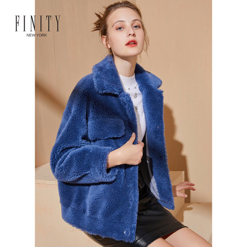 FINITY2020年秋冬装新款深蓝色加厚羊剪毛大衣短款女装上衣外套潮