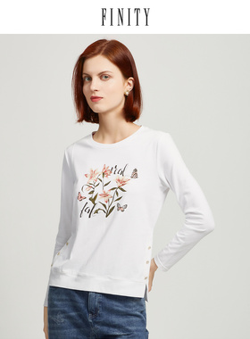 FINITY2023年春季纯棉T恤女印花圆领时尚气质宽松减龄上衣女