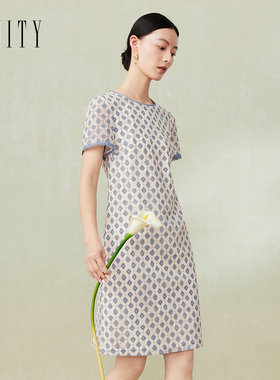 FINITY菲妮迪品牌连衣裙2024夏季简约蓝色提花蕾丝圆领洋气裙子女