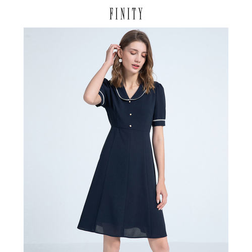 FINITY菲妮迪夏装收腰显瘦气质连衣裙女V领休闲中长款裙子女