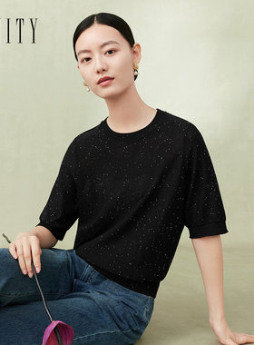 FINITY菲妮迪品牌针织衫2024夏季黑色亮片时尚轻薄针织小衫上衣女