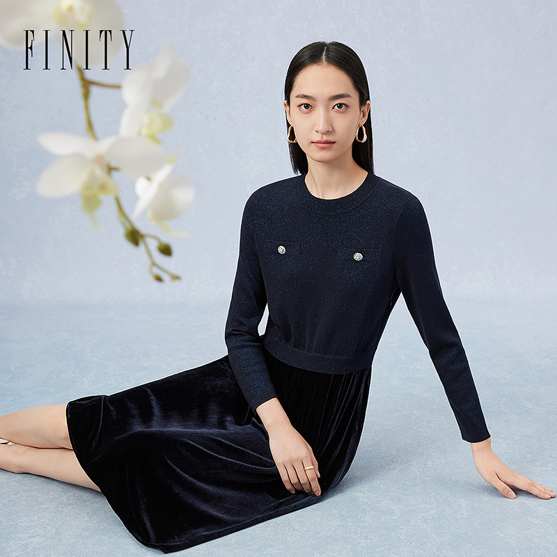 商场同款FINITY品牌女装高端羊毛拼接绒毛圆领长袖针织连衣裙女