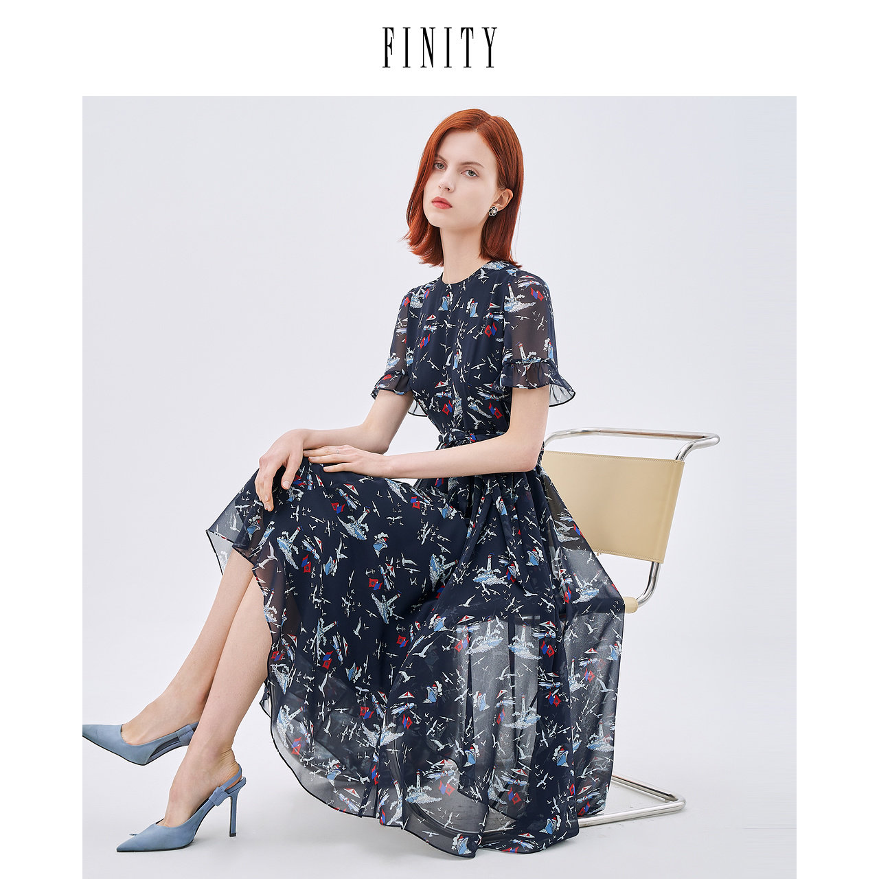 FINITY菲妮迪气质印花连衣裙收腰系带宽松休闲中长款裙子