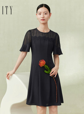 FINITY菲妮迪品牌连衣裙2024夏季时尚设计感花边领黑色百搭裙子女