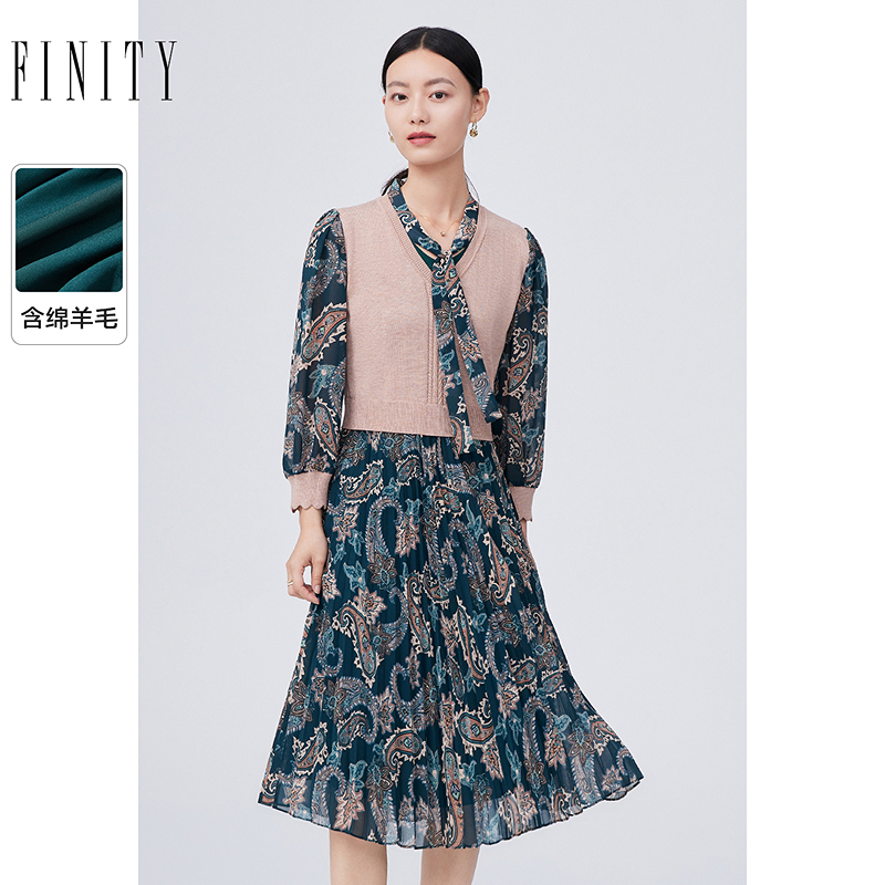 FINITY2024年秋冬装连衣裙女气质时尚休闲印花拼接中长款裙子
