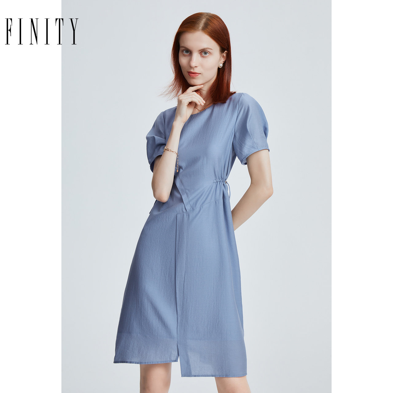 FINITY菲妮迪品牌连衣裙夏季 简约气质抽褶收腰显瘦短袖A字裙