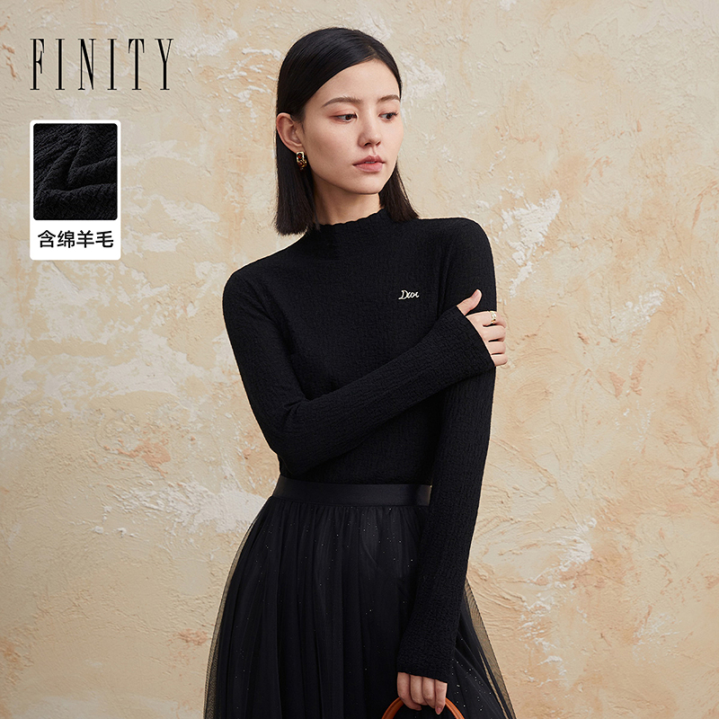菲妮迪品牌2024秋季简约时尚黑色显瘦修身休闲针织衫女