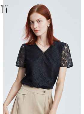 FINITY菲妮迪品牌T恤夏季简约黑色时尚V领气质设计感短袖上衣