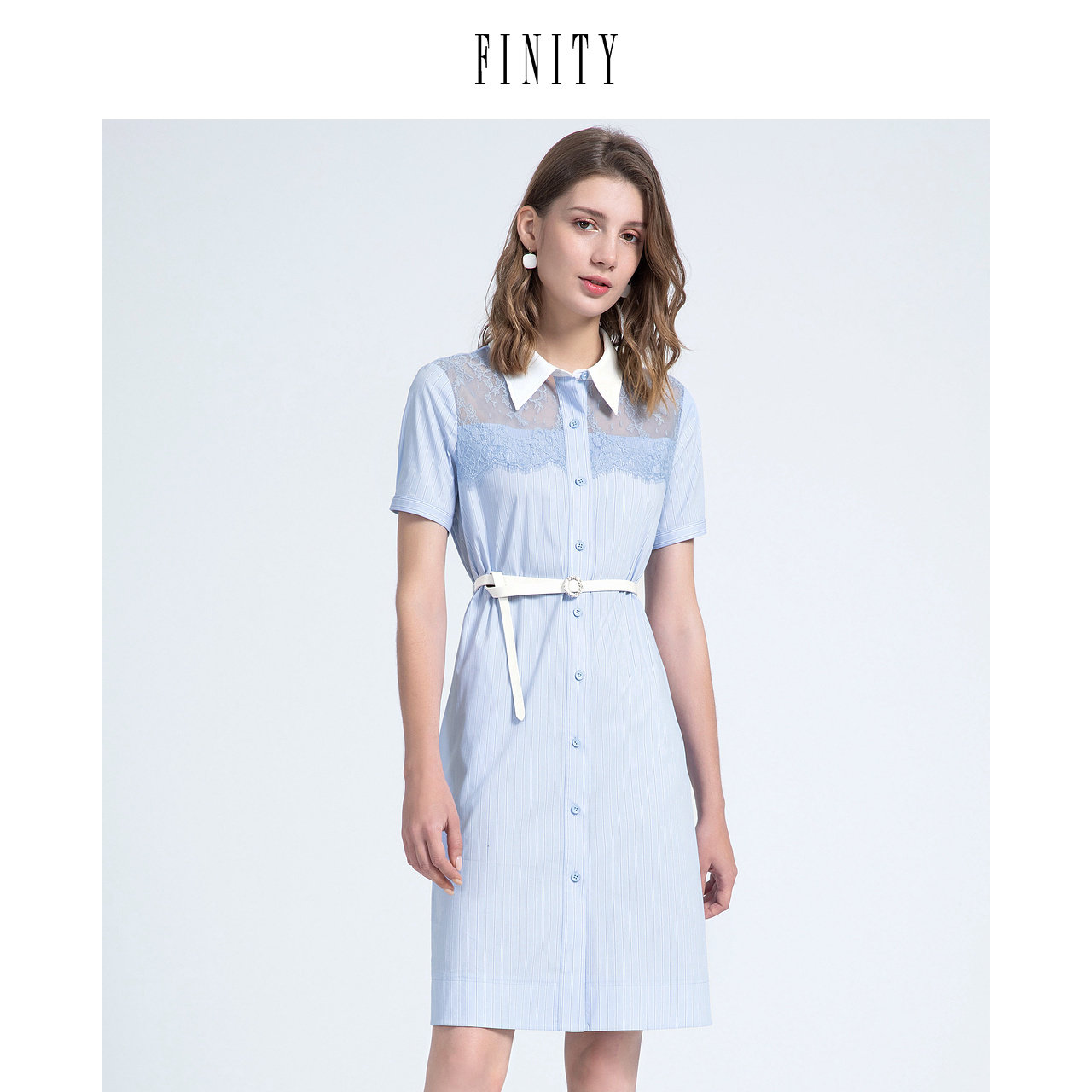 FINITY菲妮迪夏装韩版连衣裙女系带百搭气质衬衫领中长款裙