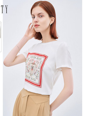 【100%桑蚕丝】FINITY菲妮迪白色T恤女夏季高端大牌重磅真丝上衣