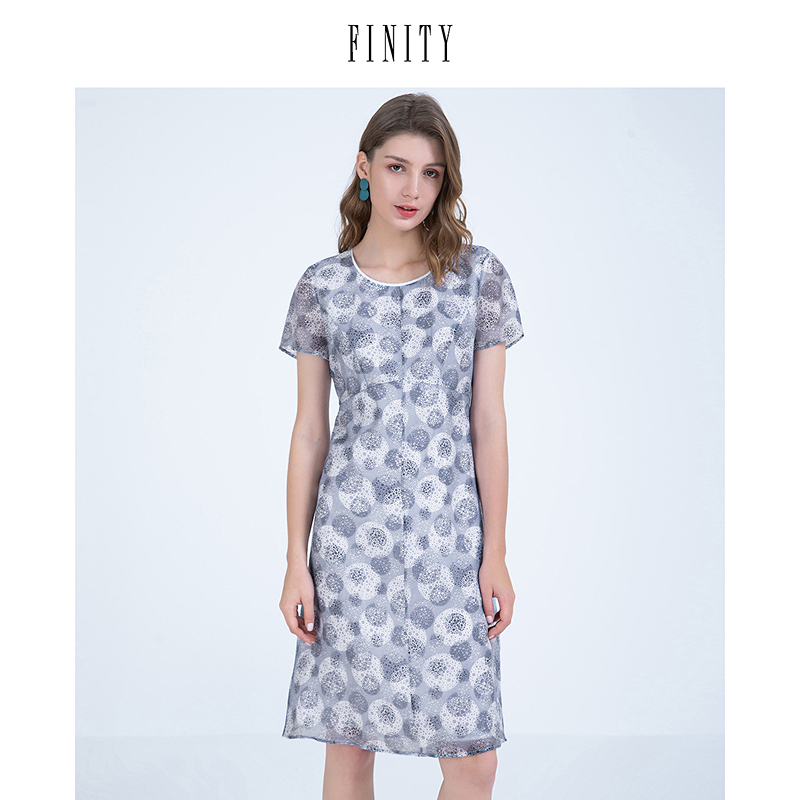 FINITY菲妮迪夏装印花连衣裙女高端法式圆领气质休闲裙子女