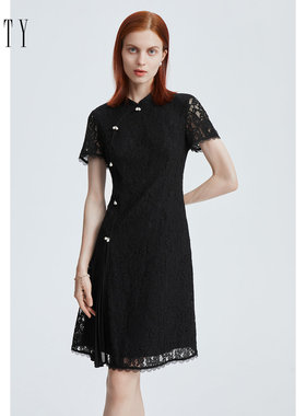 FINITY菲妮迪中式连衣裙夏季 简约气质黑色国风盘扣短袖A字裙