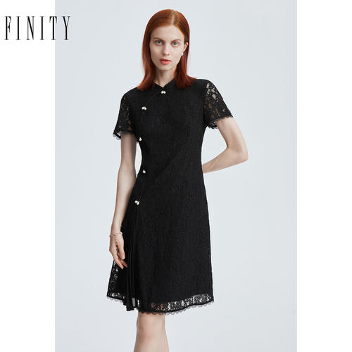 FINITY菲妮迪中式连衣裙夏季 简约气质黑色国风盘扣短袖A字裙