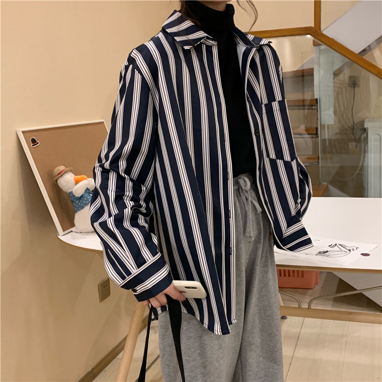 Real shot real price ~ Korean ins contrast vertical stripe loose British style long sleeve shirt~