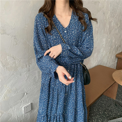 Korean version of INS soft floral V-neck mid length dress~