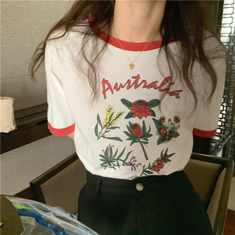 Real price ~ Korean summer contrast printing age reduced round neck loose T-shirt~