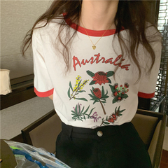 Real price ~ Korean summer contrast printing age reduced round neck loose T-shirt~