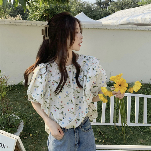 Real price Korean summer Retro Tea broken flower Feifei sleeve chic shirt