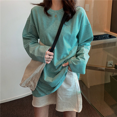 Real price ~ Korean mid long T-shirt with loose stripes~