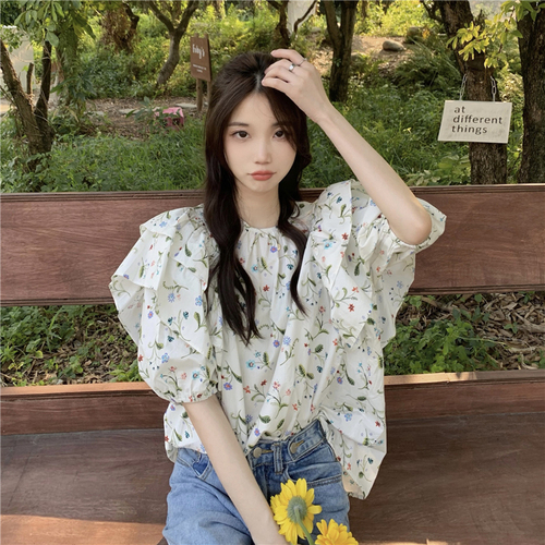 Real price Korean summer Retro Tea broken flower Feifei sleeve chic shirt