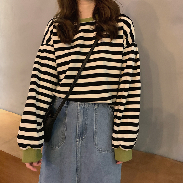 Real Price ~Korean Edition Autumn Loose Round-collar Spliced Stripe Cover~