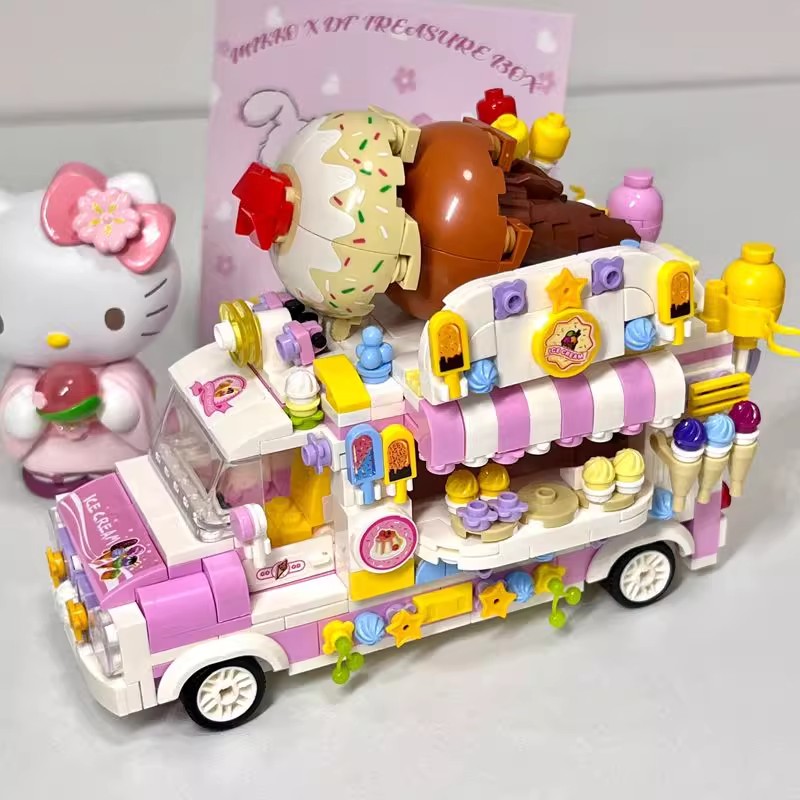 甜甜少女心~夏日梦幻马卡龙色冰淇淋车积木治愈解压玩具摆件礼物
