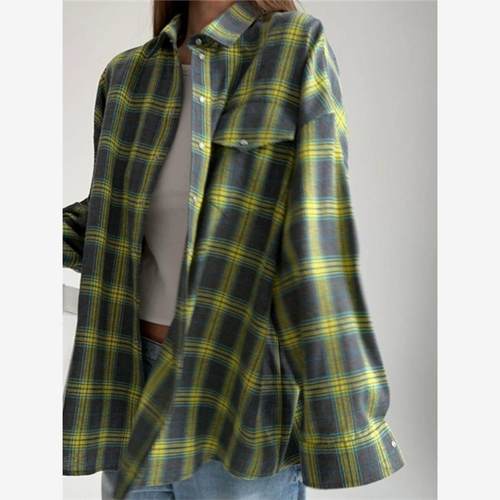 欧美时尚宽松格纹长袖衬衫衬衣女 Oversize Blouse Shirt Women