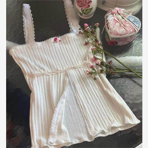 2023Y2K Bow Knitted Crop Top Lace Trim Off Shoulder  T Shirt