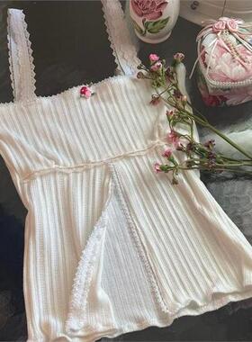 2023Y2K Bow Knitted Crop Top Lace Trim Off Shoulder  T Shirt