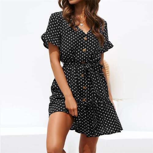 Summer Plus Size Chiffon Dress Beach Short Sleeve Dot Dress