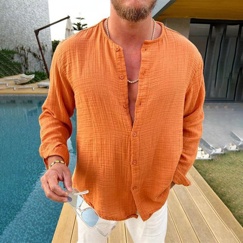 Wrinkled men's loose fitting long sleeved shirt standing col