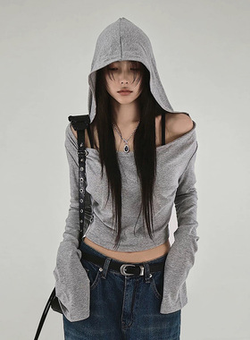 废土风灰色连帽长袖t恤女秋美式设计感小众修身紧身辣妹短款上衣