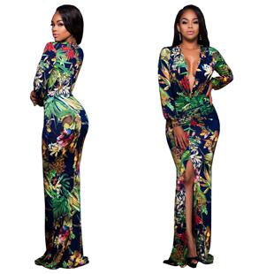 Sexy v-neck dress digital printing long skirt pencil skirt裙