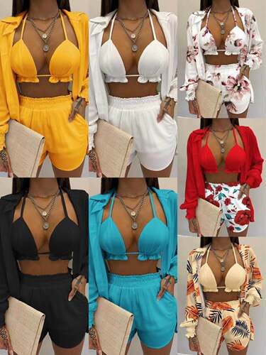 2022 new shirt pocket shorts top three-piece set for women