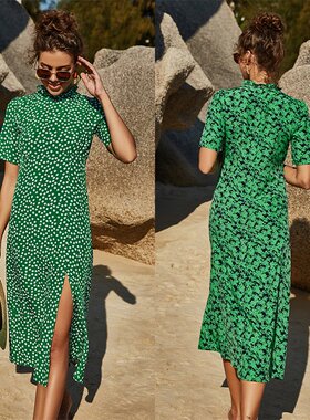 bag hip floral big swing dress Holiday beach dress无弹碎花裙