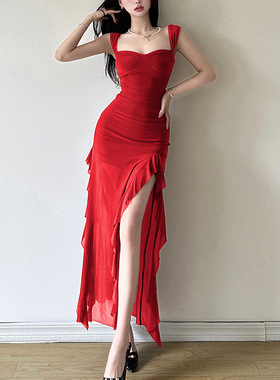 圣诞节穿搭御姐名媛性感网纱长袖红色连衣裙女显瘦开叉设计感长裙