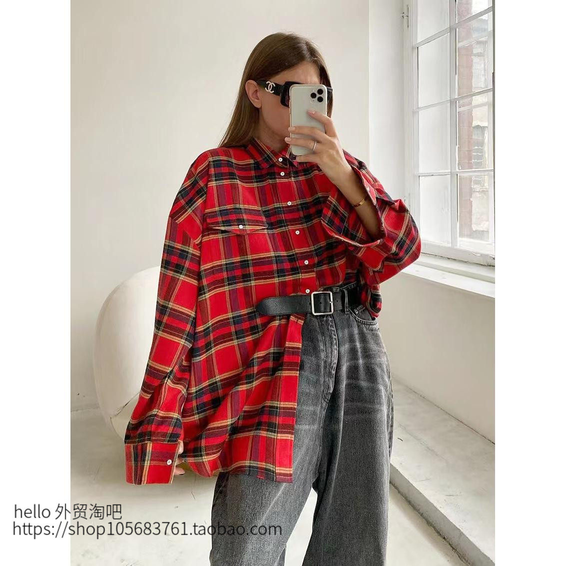 欧美风百搭格子衬衫时尚潮流复古格纹宽松上衣 Loose plaid shirt
