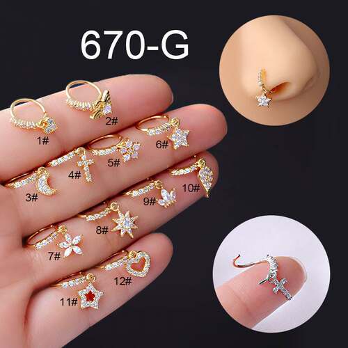 nose ring 鼻饰星星月亮爱心花朵十字锆石吊坠鼻环20GX8mm