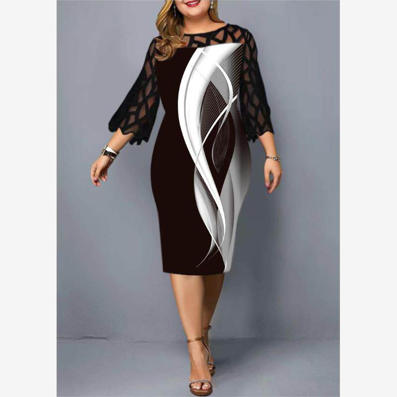 Printed lace stitching big yards dress 大码九分袖连衣裙