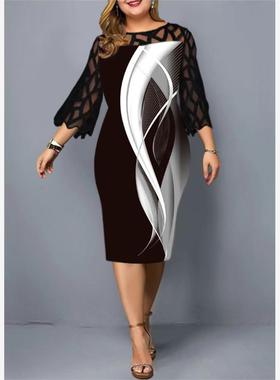 Printed lace stitching big yards dress 大码九分袖连衣裙