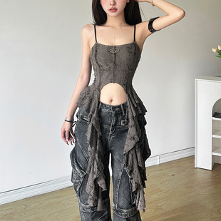 沙丘废土风做旧手工磨破吊带背心女辣妹沙漠穿搭荷叶飘带显瘦上衣